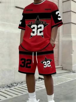 American Men's Summer Letter Stripe Print Comfortable Breathable Round Neck T-Shirt Drawstring Shorts Set Outdoor Streetwear