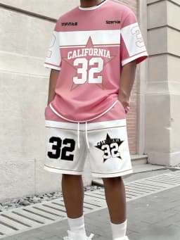 American Men's Summer Letter Stripe Print Comfortable Breathable Round Neck T-Shirt Drawstring Shorts Set Outdoor Streetwear
