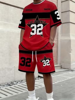 American Men's Summer Letter Stripe Print Comfortable Breathable Round Neck T-Shirt Drawstring Shorts Set Outdoor Streetwear