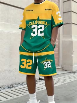 American Men's Summer Letter Stripe Print Comfortable Breathable Round Neck T-Shirt Drawstring Shorts Set Outdoor Streetwear