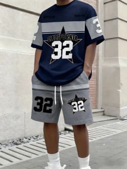 American Men's Summer Letter Stripe Print Comfortable Breathable Round Neck T-Shirt Drawstring Shorts Set Outdoor Streetwear