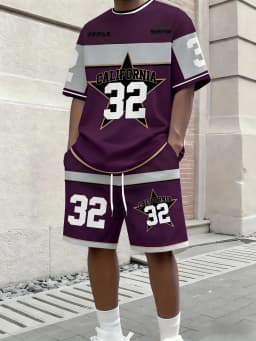 American Men's Summer Letter Stripe Print Comfortable Breathable Round Neck T-Shirt Drawstring Shorts Set Outdoor Streetwear