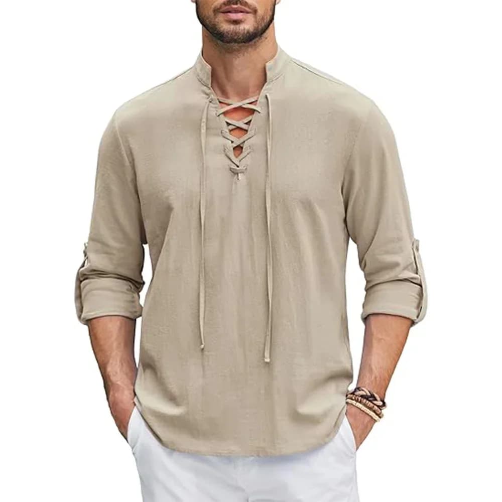 1Men's Renaissance Shirt Pirate Medieval Viking Top Cotton Linen Shirts Men Long Sleeved Halloween Costume