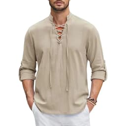 1Men's Renaissance Shirt Pirate Medieval Viking Top Cotton Linen Shirts Men Long Sleeved Halloween Costume