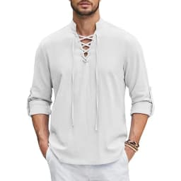 1Men's Renaissance Shirt Pirate Medieval Viking Top Cotton Linen Shirts Men Long Sleeved Halloween Costume