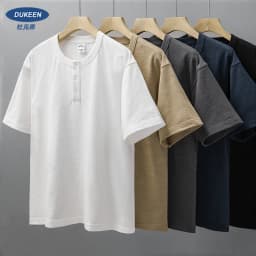 Dukeen 320g Heavyweight Henley Shirt for Men Short Sleeved Summer 100% Cotton Oversized White T Shirt Man Clothing
