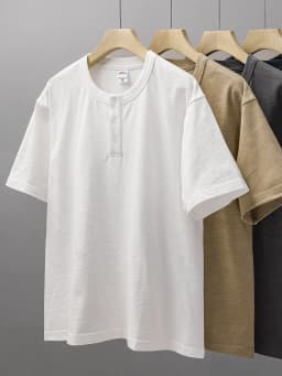 Dukeen 320g Heavyweight Henley Shirt for Men Short Sleeved Summer 100% Cotton Oversized White T Shirt Man Clothing