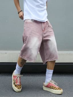 Men's Pink Gradient Denim Shorts Vintage Wash Baggy Jorts Wide Leg Streetwear Oversized Knee Length Summer Shorts Y2K Fashion