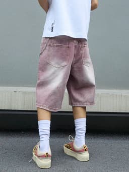 Men's Pink Gradient Denim Shorts Vintage Wash Baggy Jorts Wide Leg Streetwear Oversized Knee Length Summer Shorts Y2K Fashion