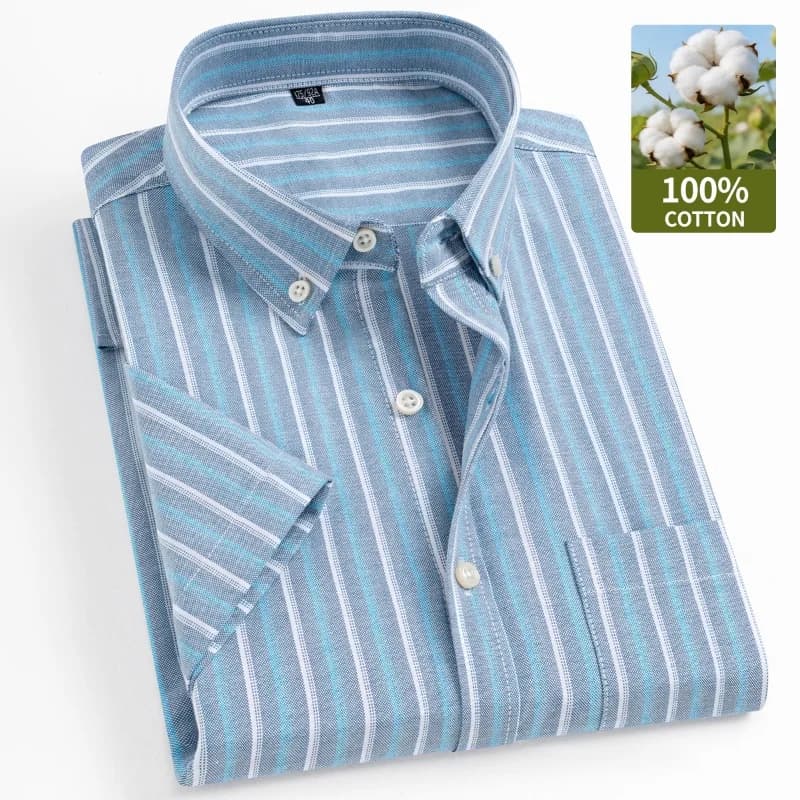 New 100% Cotton Oxford Men's Shirts Short Sleeve Plaid Soft Regular Fit Formal Dress Shirt Social Blouse Male Clothes 6XL 7XL