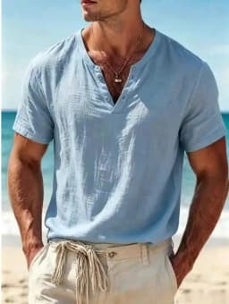Men's Cotton Linen Henley Short Sleeve Shirt Lightweight Breathable Casual Summer Beach T-Shirt for Men