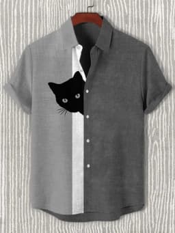Men's Funny Shirts Harajuku Japanese Men Fun Hide And Seek Black Cat Print Casual Shirt 2025 Summer Holiday 3D Printing Blouse T