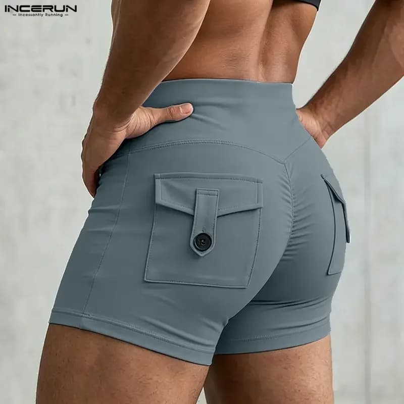 INCERUN Men's Shorts Solid Color Elastic Waist Joggers Men Bottoms Streetwear Summer Pockets 2026 Fashion Casual Shorts For Man