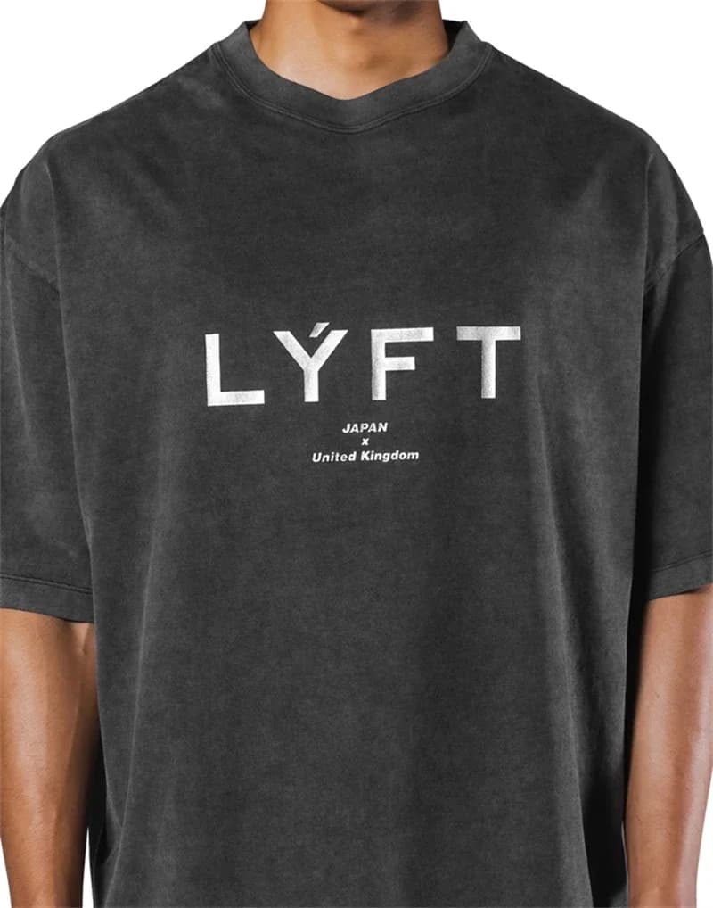 LYFT Washed Classical LOGO 230GSM Cotton Vintage BIG T-SHIRT Men's Oversized Muscle Sports Fitness Tee Tops Gym Training Shirts