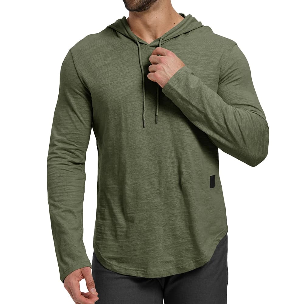 Men's Solid Color Long Sleeve T-shirt Hooded Design Fashion Breathable Tees Lightweight Drawstring Cozy Cotton Tops