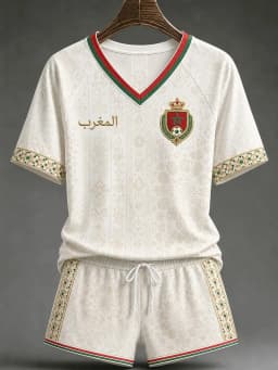 White Red Morocco 2026 Football Jersey Shorts Set Arabic Geometric Print V Neck Quick Dry Soccer Training Kit Male Supporters