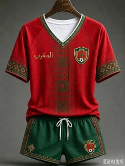 White Red Morocco 2026 Football Jersey Shorts Set Arabic Geometric Print V Neck Quick Dry Soccer Training Kit Male Supporters