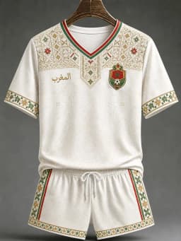 White Red Morocco 2026 Football Jersey Shorts Set Arabic Geometric Print V Neck Quick Dry Soccer Training Kit Male Supporters