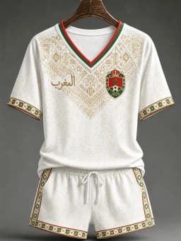 White Red Morocco 2026 Football Jersey Shorts Set Arabic Geometric Print V Neck Quick Dry Soccer Training Kit Male Supporters