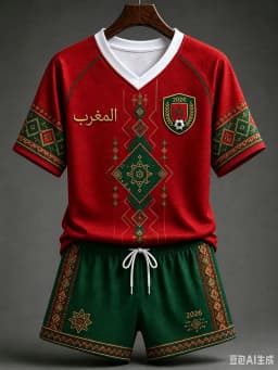 White Red Morocco 2026 Football Jersey Shorts Set Arabic Geometric Print V Neck Quick Dry Soccer Training Kit Male Supporters