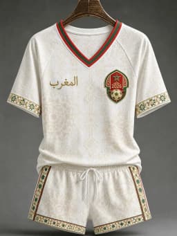 White Red Morocco 2026 Football Jersey Shorts Set Arabic Geometric Print V Neck Quick Dry Soccer Training Kit Male Supporters