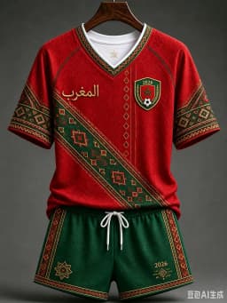White Red Morocco 2026 Football Jersey Shorts Set Arabic Geometric Print V Neck Quick Dry Soccer Training Kit Male Supporters