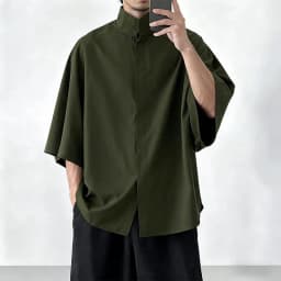 Japanese Style Men Stand Collar Half Sleeve Shirt Loose Oversized Solid Color Hidden Button Casual Blouse Lightweight Streetwear