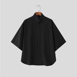 Japanese Style Men Stand Collar Half Sleeve Shirt Loose Oversized Solid Color Hidden Button Casual Blouse Lightweight Streetwear