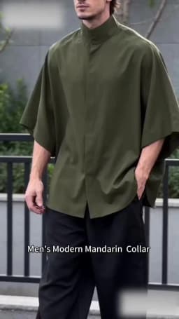 Japanese Style Men Stand Collar Half Sleeve Shirt Loose Oversized Solid Color Hidden Button Casual Blouse Lightweight Streetwear