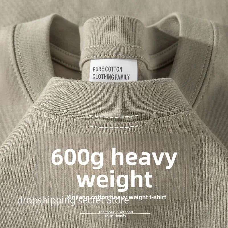 2026 Summer 600G Heavyweight Khaki Cotton T-shirt for Men's Minimalist Style Loose Casual Short Sleeved Top Base Shirt