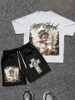 2026 Summer New Men's Short-Sleeved Set with 3D Angel Pattern Print for Street Casual Fashion Comfortable and Breathable