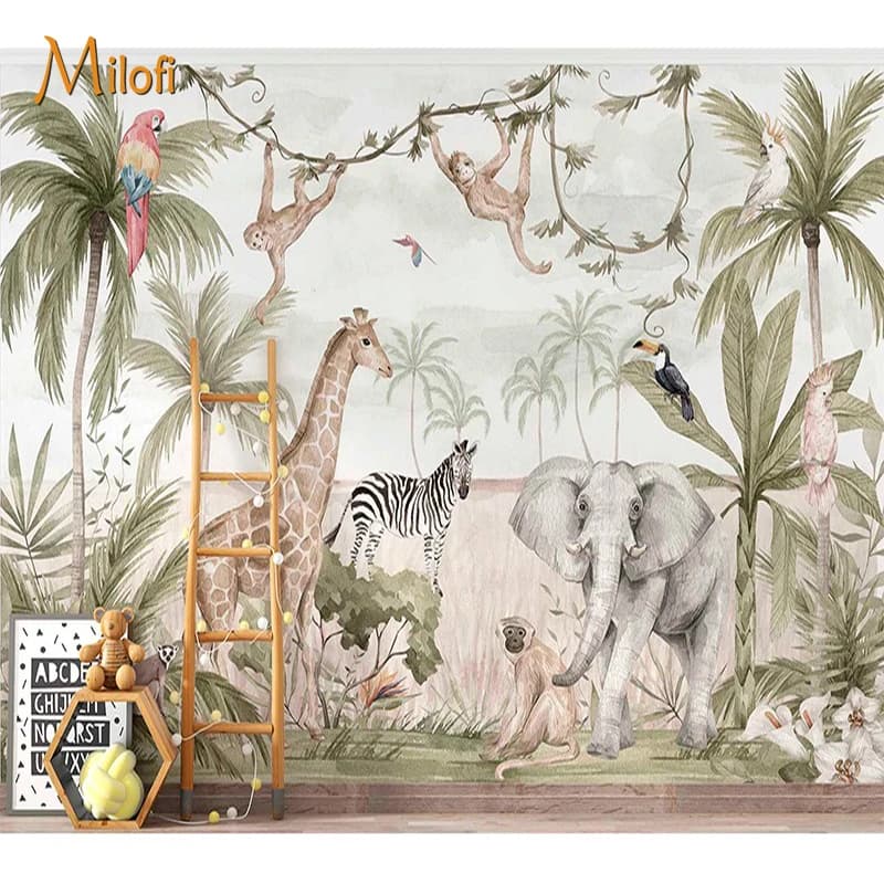 Milofi Custom Mural Wallpaper Watercolor Jungle Animal Giraffe Elephant Zebra Peel And Stick Wall Mural For  Nursery Home Decor