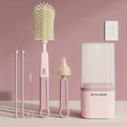 Baby Silicone Bottle Brush Portable Straight Handle Cleaning Tool Set 360° Rotating Drying Rack Combination Bottle Washing Brush