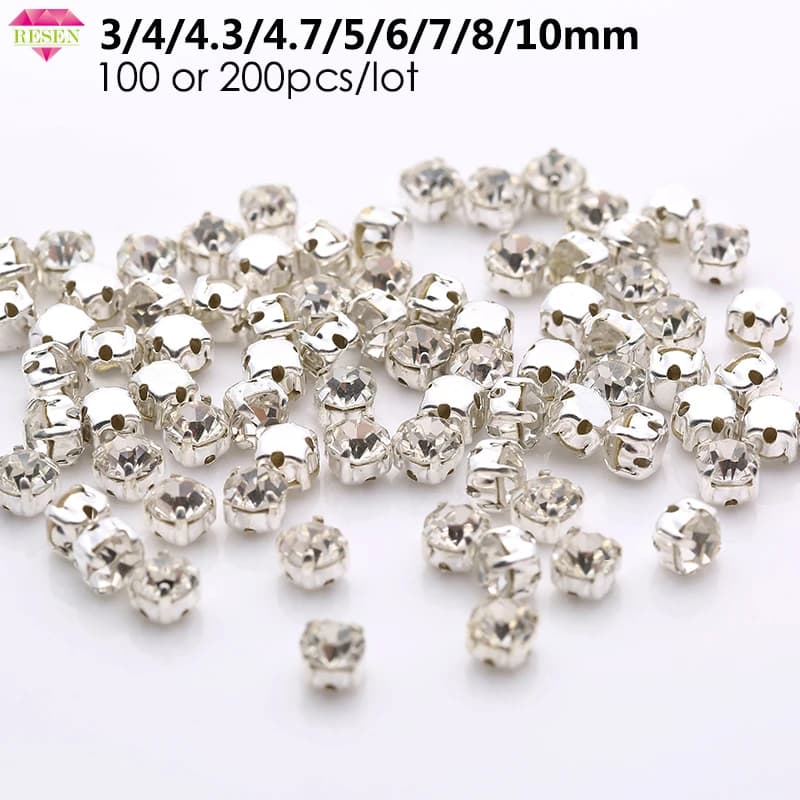 Sell At Loss RESEN Top Quality 3-10mm Sliver Claw Sew On Rhinestones Clear Crystal Color Sliver Base Sewing Stone DIY Decoration