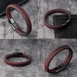 Trendy Men Jewelry Red Braided Leather Rope Bracelet Black Magnetic Buckle Bracelets Punk Men Wrist Band Pulsera Hombre