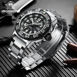 ADDIESDIVE Luxury Men's Quartz Watch Outdoor Sports Luminous Tube Analog Watch 50m Waterproof Stainless Steel Strap Orange Black