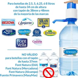 Krown - Water Dispenser for Carafe Bottles, Manual Water Dispenser Pump, Carafes Water Dispenser Compatible with 2 - 5 Liter Bottles, for Bottles with Cap Diameter 38mm and 48mm