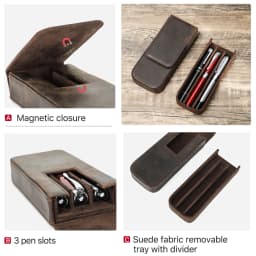 Luxury Genuine Leather 3 Slots Pen Case With Removable Pen Tray Holder Pencil Case Office School Supplies Pouch Creative Gift