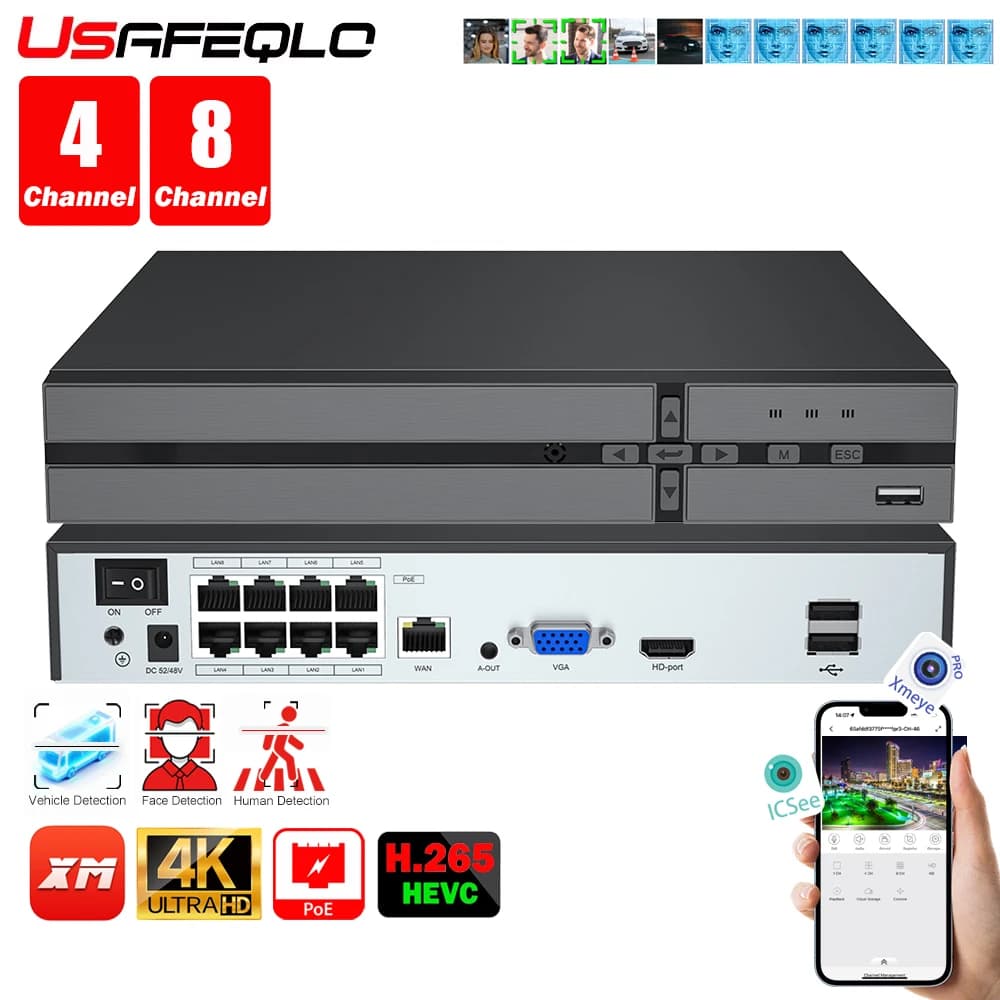 Face detection H.265 8ch*4K 4ch/8ch PoE Network Video Recorder Surveillance PoE NVR 4/8Channel For HD 8MP 5MP IP Camera