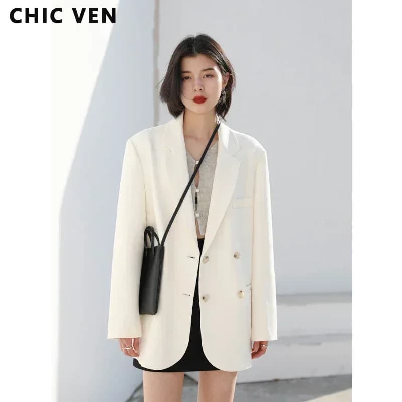 CHIC VEN 2026 Fashion Women's Blazer Office Lady Long Sleeve Double-breasted Mid-length Casual Coat Ladies Outerwear Stylish Top