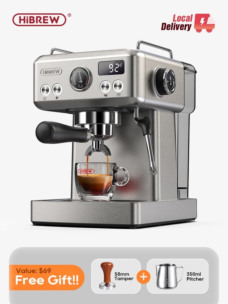 HiBREW 20Bar Semi Automatic Espresso Coffee Machine Temperature Adjustable 58mm Portafilter Cold/Hot Coffee Maker Metal CaseH10A