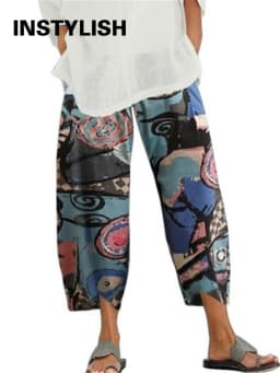Women Cotton Linen Harem Pants Vintage Printed Wide Leg Trousers Casual Solid Pockets Harajuku High Waist Baggy Pants Joggers