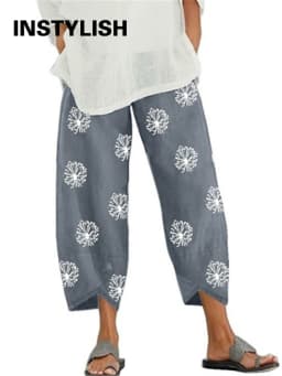 Women Cotton Linen Harem Pants Vintage Printed Wide Leg Trousers Casual Solid Pockets Harajuku High Waist Baggy Pants Joggers
