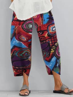 Women Cotton Linen Harem Pants Vintage Printed Wide Leg Trousers Casual Solid Pockets Harajuku High Waist Baggy Pants Joggers