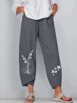 Women Cotton Linen Harem Pants Vintage Printed Wide Leg Trousers Casual Solid Pockets Harajuku High Waist Baggy Pants Joggers