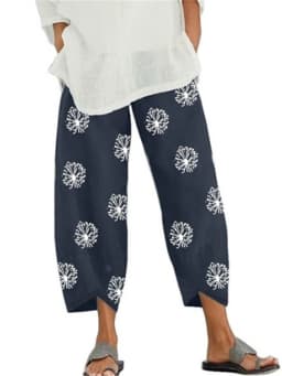 Women Cotton Linen Harem Pants Vintage Printed Wide Leg Trousers Casual Solid Pockets Harajuku High Waist Baggy Pants Joggers