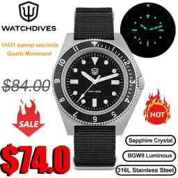 Watchdives WD1972 Quartz Watch VH31 Sweep Seconds Movement Sapphire Crystal BGW9 Luminous 20Bar Waterproof Vintage Men Watches