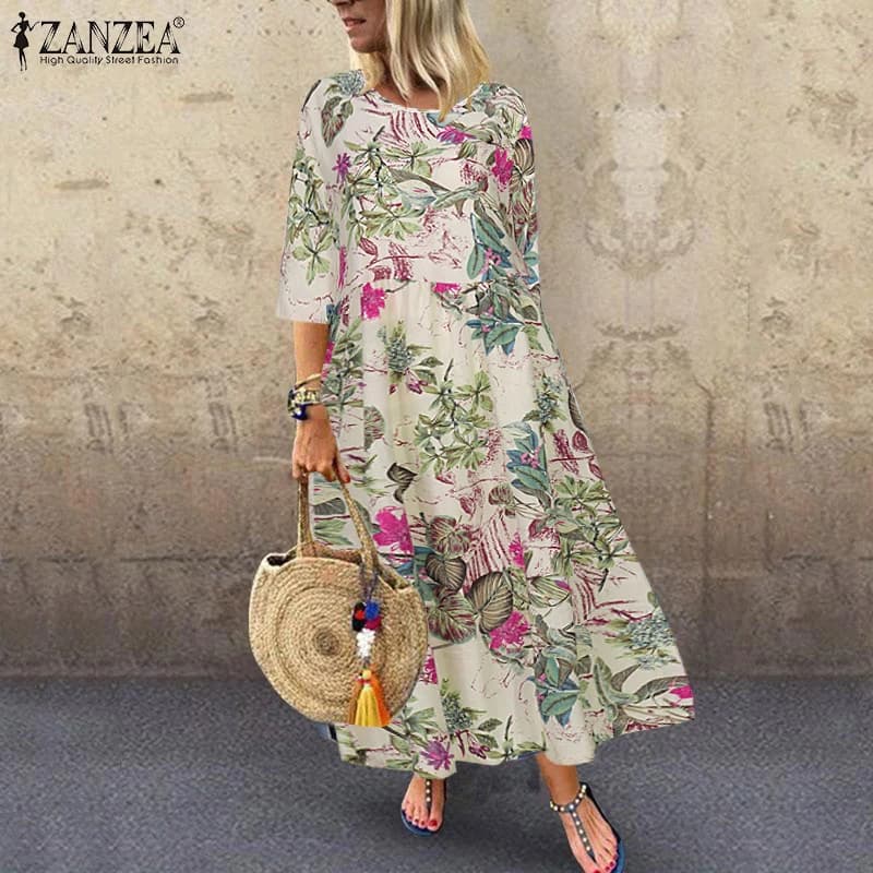 Women's Summer Short Sleeve Sundress ZANZEA Woman Floral Printed Dress Bohemian Elegant Casual Oversized Holiday Long Dresses