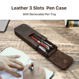 CONTACTS FAMILY Genuine Leather 3 Slots Pen Case With Removable Pen Tray Holder Pencil Case Men Woman Girls Office School Pouch