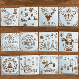 12pcs Christmas Series Painting Stencils - Reusable, Washable, PET Material for Watercolor, Stone Painting, Graffiti, and More